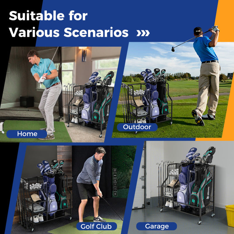 Golf Bag Organizer for 2 Golf Bags with Golf Clubs Rack and Lockable Wheels
